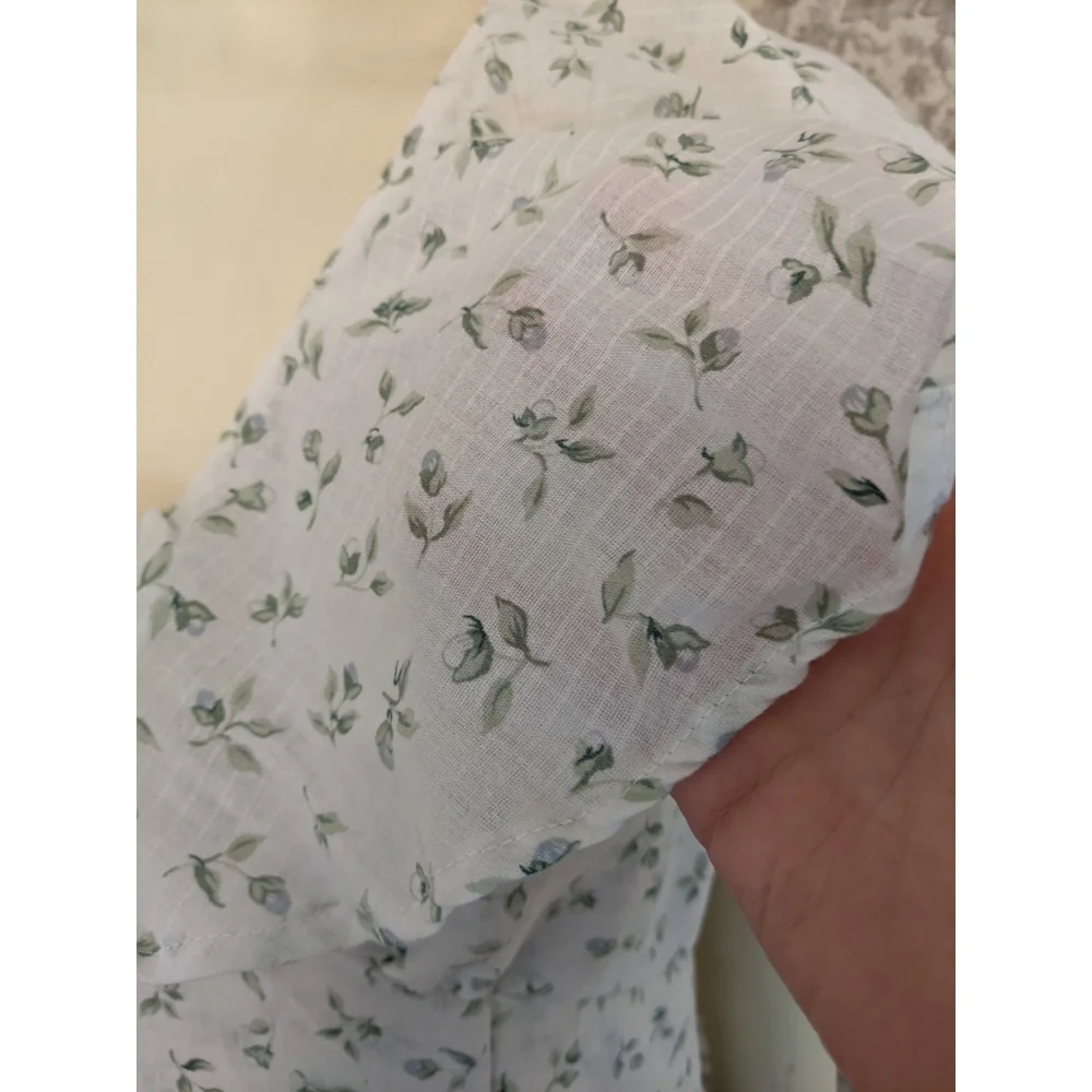 Handmade White Ditsy Floral Ruffle Neck Summer Cotton Midi Dress - Picture 6 of 8